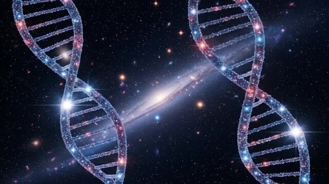 DNA Structures Against a Cosmic Background Depicting Genetic Code in the Universe Exploring the blueprint of life against the vast expanse of the cosmos with double helix formations - Powered by Adobe
