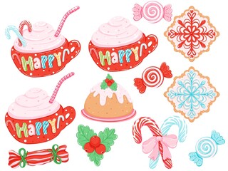 Coquette Christmas Sweet Treats Digital Clipart Set - Kawaii Holiday Desserts Hot Chocolate Pudding Candy Canes Cookies Festive Pink Red Winter Food Elements