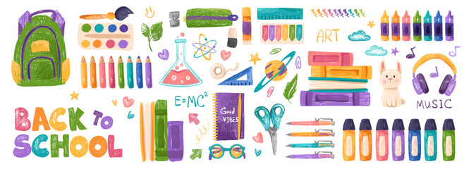 Big set of school supplies in doodle crayon scribble style. Back to school colorful vector illustration isolated on a white background