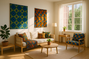 Naklejka premium Modern living room with wooden furniture and vibrant African print decor in natural sunlight