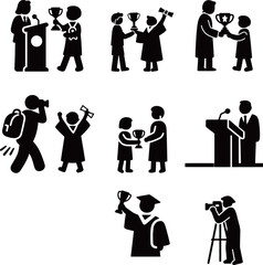 Silhouette illustrations of student achievements and presentations.