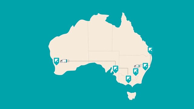 Australia map animation with location points showing travel, tourism, and geography education information