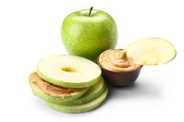Fresh apple sandwich with sweet peanut butter on white background