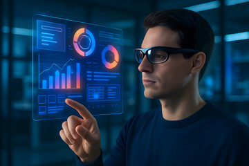 Young man using futuristic virtual interface with data analytics graphs in modern office at night