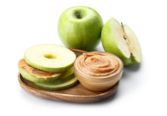 Wooden plate of fresh apple sandwich with sweet peanut butter on white background