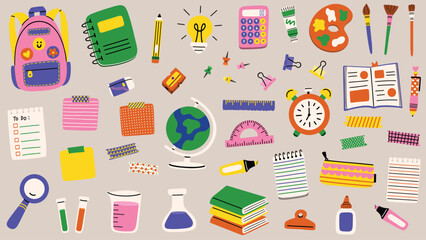 Back to school clipart set. Hand drawn flat vector illustrations of school supplies, arts and crafts materials, laboratory equipment, decorative sticky notes and washi tapes and more.