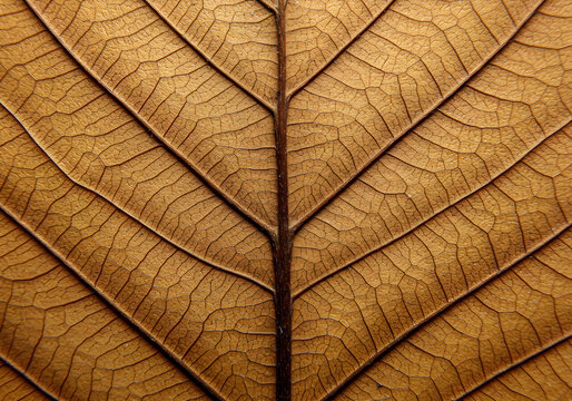 Fototapeta Macro shot of a dried brown leaf showcasing intricate vein patterns and natural texture. Perfect for autumn themes, organic backgrounds, or detailed nature studies.