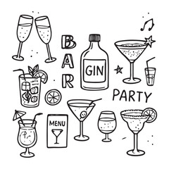 Alcohol cocktail bar doodle set, vector hand drawn beverages party vector