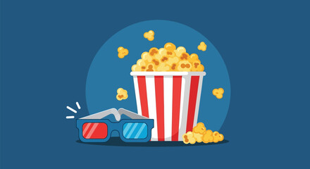 Vector illustration of a bucket of popcorn and 3d glasses on a blue background, symbolizing movie night, entertainment, and cinema © Riyal