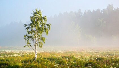 Solitary Birch in Misty Meadow