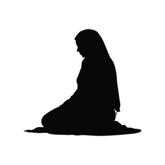 Silhouette of a woman kneeling with head bowed in contemplation or prayer, muslim woman sitting in tashahhud silhouette vector illustration