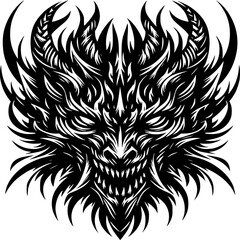 Obraz premium Dragon's Roar: An artistic illustration showcasing a fearsome dragon's head, rendered in stark black and white, exuding power and mystique.