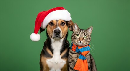 Festive Dog and Cat Duo in Christmas Attire on Green Background