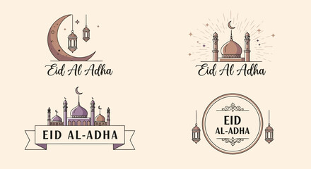 Vector illustration of collection of eid al adha greetings with islamic symbols like crescent moon and mosque © Riyal