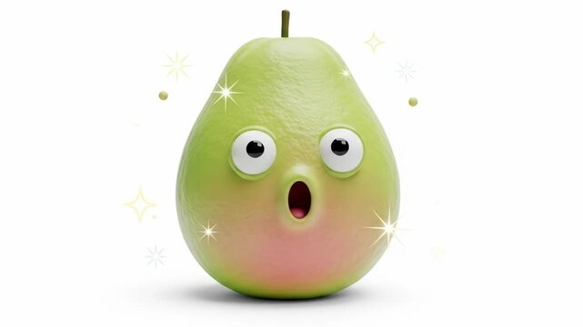 A cartoon pear with surprised expression, big eyes, and open mouth, green skin with rosy cheeks. Sparkling accents surround