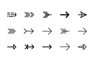 Set of various black arrow icons pointing to the right on white background