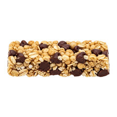 Photo of a single granola bar packed with oats, nuts, and chocolate chips, presented in a closeup, isolated on a transparent background, highlighting its texture and ingredients