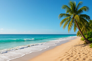 Fototapeta premium Tropical Beach with Palm Trees and Blue Sea