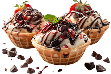 Cream Mint Topped Strawberries Leaves Drizzle Restaurant Dessert Plating Isolated Transparent Background Gourmet Waffle Print Copy Space Template Branding Social Media Poster Banner Mark SEO Optimized