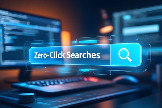 Digital interface displaying zero click searches on a computer screen with keyboard and mouse