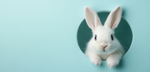 Obraz premium Adorable white rabbit peeking from a pastel blue circular cutout
