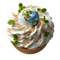 Cream Background Ice Scoop Shaped Like Globe Earth Continents Oceans Symbol Global Business Copy Space Template Branding Social Media Poster Banner Marketing Ecommerce Web Print SEO Optimized Serene