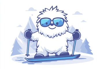 Cute cartoon yeti skiing in snowy mountain landscape wearing sunglasses