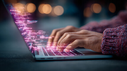 Man typing on a laptop with glowing network connections. Digital communication and future technology concept for business and internet.
