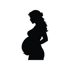 Pregnant woman silhouette with long wavy hair bunched in the back, pregnant lady touching belly silhouette vector illustration
