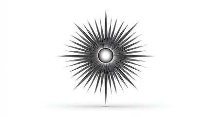 A grayscale abstract design featuring a central circle surrounded by numerous radiating, pointed lines, creating a starburst or sunburst effect against a white background with subtle shadowing