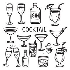 Alcohol cocktail bar doodle set, vector hand drawn beverages party vector