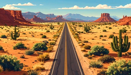 A long road through a desert landscape under a bright sky. Vast, flat expanse
