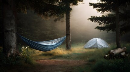 A serene forest campsite featuring a blue hammock strung between tall trees and a white tent nestled in the misty morning light