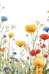 Fototapeta premium Vibrant colorful wildflowers forming a delicate border on a white background