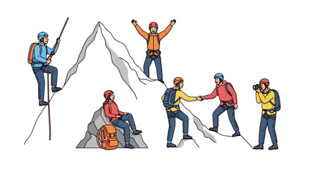 Fototapeta premium Diverse group of mountain climbers achieving summit success, showcasing teamwork, adventure, and personal accomplishment, suitable for adventure and sports illustrations