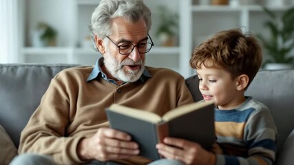 Happy grandfather and grandson reading book together at home on sofa. Learning, family bond, childhood joy footage. - Powered by Adobe