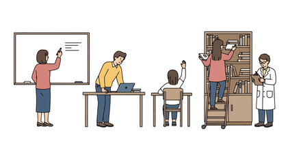 Diverse classroom engagement showcasing teacher interaction, student participation, and modern learning tools, suitable for educational resources, school materials, and online course illustrations.