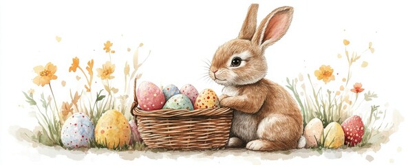 Cute Easter Bunny Sitting Next to Colorful Basket of Decorated Eggs
