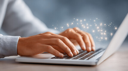 Man's hands typing on laptop keyboard with glowing particles. Creative concept of digital technology, coding, and innovation and data.