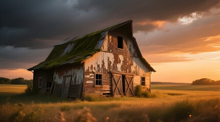 Obraz premium Rustic abandoned barn in a field at sunset with dramatic stormy clouds