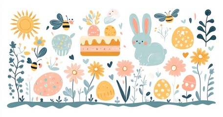 Naklejka premium Colorful Easter-themed illustration with bunny, eggs, flowers, and springtime elements