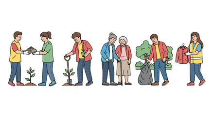 Obraz premium Diverse group of people volunteering in various community activities, promoting social responsibility and engagement in charitable initiatives for environmental conservation