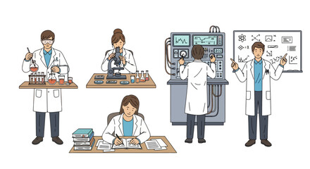 Diverse scientists performing various experiments in laboratory settings for educational materials and scientific research promotions, designed in cartoon style.