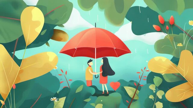 A man and a woman are holding hands under a red umbrella