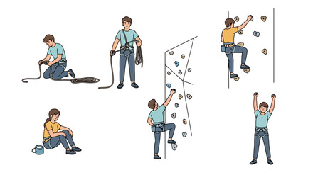 Rock climbing sequence illustration depicting a climber preparing, ascending, and celebrating success on an indoor climbing wall for sports and fitness visuals