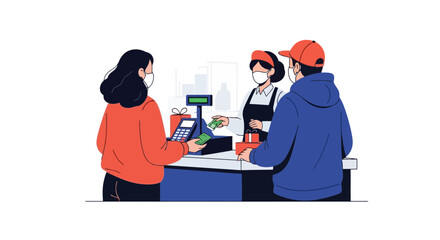 Customer at checkout paying with cash while wearing a mask, suitable for illustrating safe shopping during a pandemic or retail business practices.