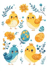 Adorable baby chicks with colorful accents and floral decorative elements