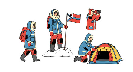 Illustrated arctic explorers in various poses, showcasing outdoor adventure and expedition equipment. Suitable for educational materials, infographics, or travel-related designs. © Moe