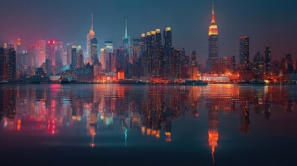 Empire State Building at night, clear dark sky, vibrant lights, high quality reflections, photorealistic city scene.