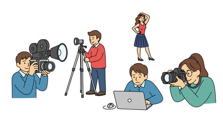 Diverse team of creatives engaged in photography, videography, and digital editing processes, perfect for illustrating creative professions and media production workflows.